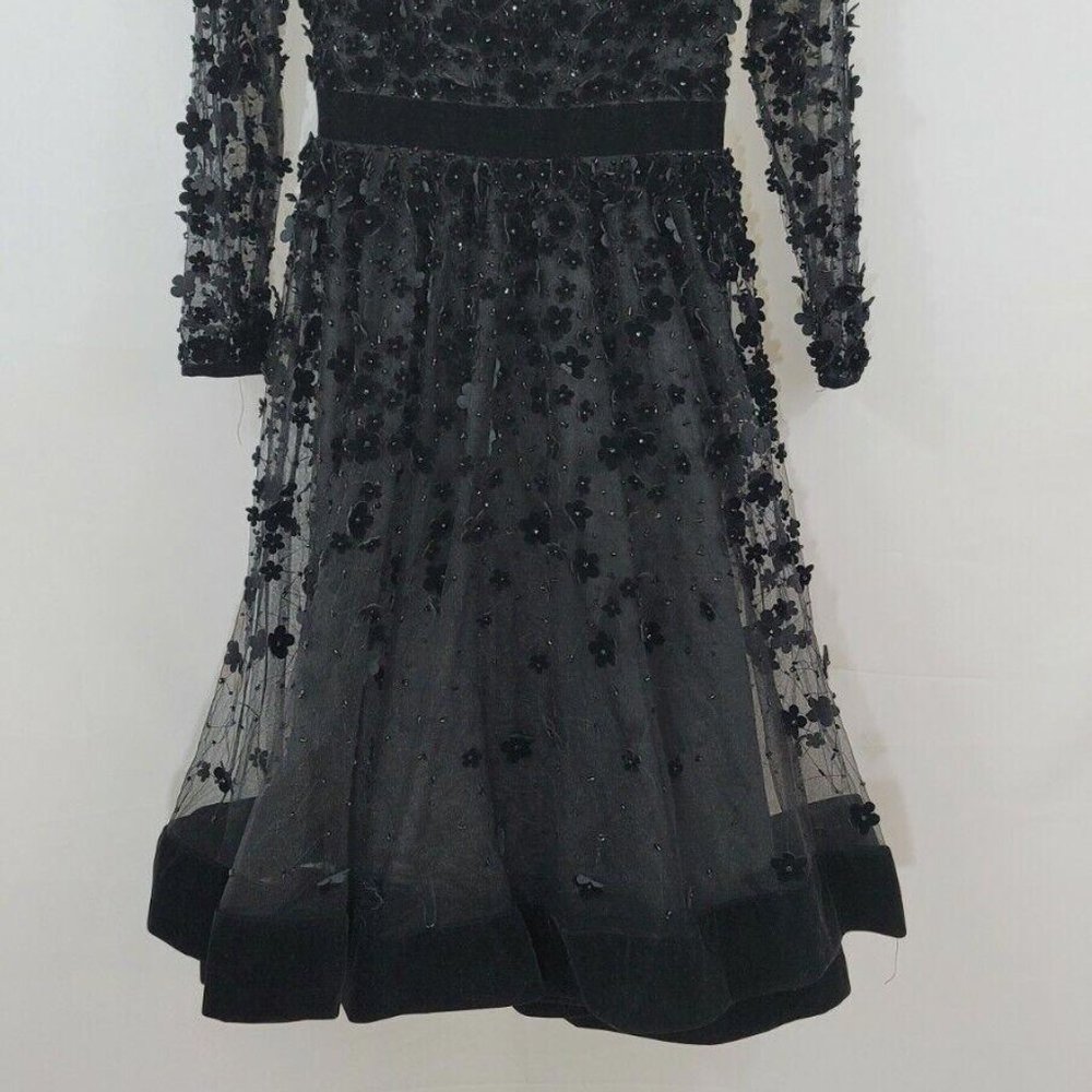 Mac Duggal Long-Sleeve Tea-Length Floral Applique Cocktail Dress Sz 4 - Picture 3 of 6